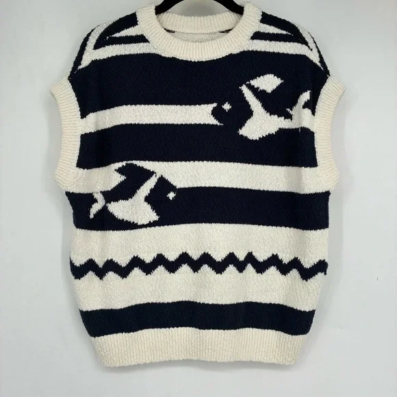 Anthropologie Maeve Crewneck Fish Motif Sweater Vest Cream Blue Large Sardine - Picture 7 of 13